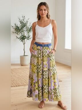 LOVE 83 Boho Patchwork Maxi Skirt Denim Waist Pockets Small